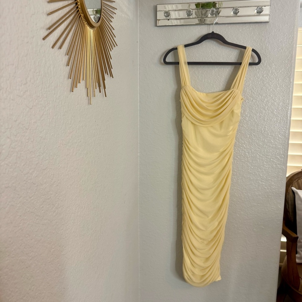 Chic Yellow Ruched Midi Dress - Picture 8 of 9